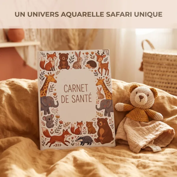 Protège carnet de santé bébé Habeygard posé sur un lit dans une chambre de bébé, à côté d'un doudou tricoté