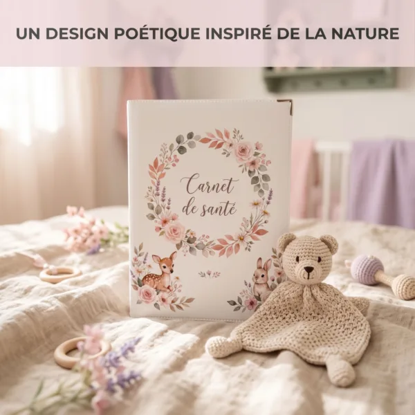 Protège carnet de santé bébé Habeygard Flowers posé sur un lit dans une chambre de bébé, à côté d'un doudou tricoté