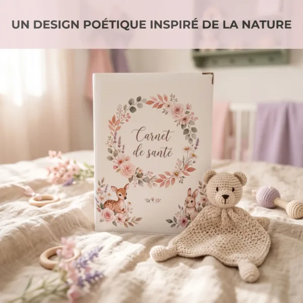 Protège carnet de santé bébé Habeygard Flowers posé sur un lit dans une chambre de bébé, à côté d'un doudou tricoté