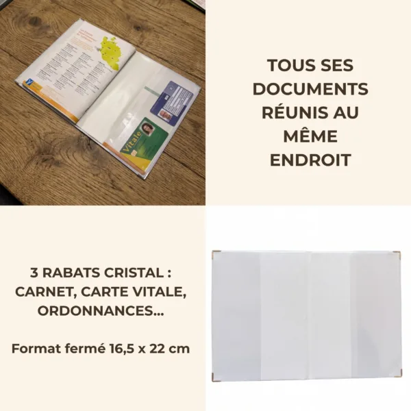 Intérieur du protège carnet de santé Habeygard avec 3 rabats cristal contenant le carnet officiel, une carte Vitale et une ordonnance, format fermé 16,5 x 22 cm