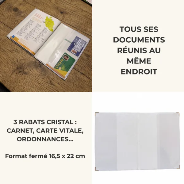 Intérieur du protège carnet de santé Habeygard avec 3 rabats cristal contenant le carnet officiel, une carte Vitale et une ordonnance, format fermé 16,5 x 22 cm