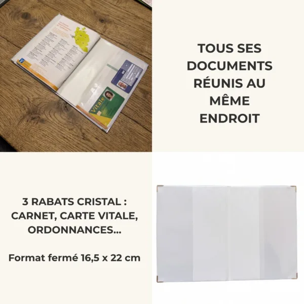 Intérieur du protège carnet de santé Habeygard avec 3 rabats cristal contenant le carnet officiel, une carte Vitale et une ordonnance, format fermé 16,5 x 22 cm