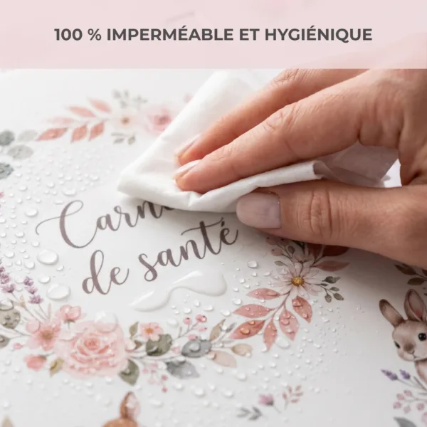 Nettoyage d'un coup de lingette humide de la couverture PVC imperméable et hygiénique du protège carnet de santé Habeygard