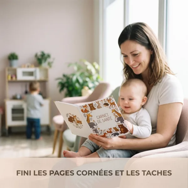 Mère souriante tenant son bébé et lisant le carnet de santé protégé par la housse Habeygard en salle d'attente