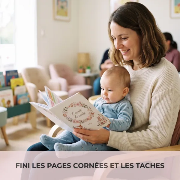 Mère souriante tenant son bébé et lisant le carnet de santé protégé par la housse Habeygard Flowers en salle d'attente