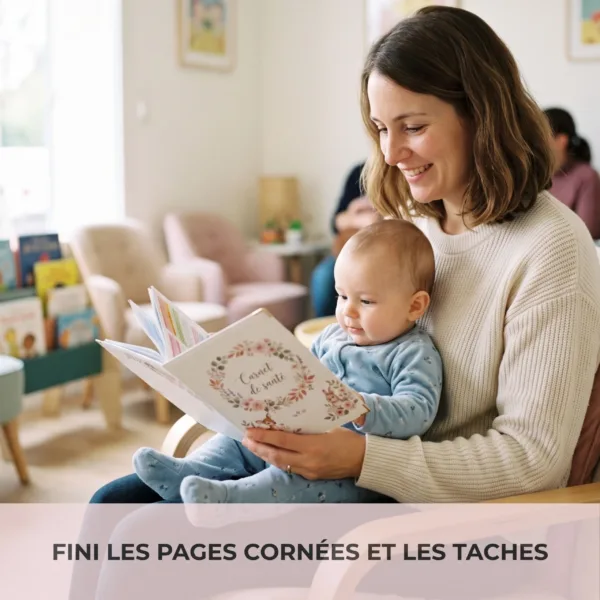 Mère souriante tenant son bébé et lisant le carnet de santé protégé par la housse Habeygard Flowers en salle d'attente