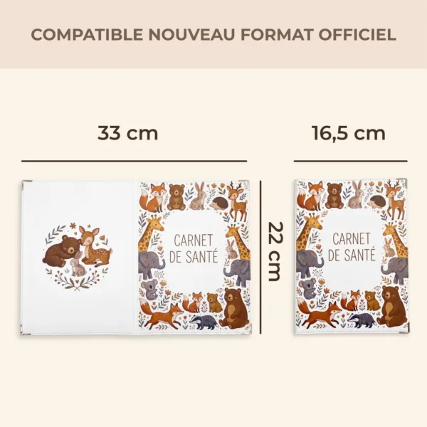Comparatif des dimensions du protège carnet de santé Habeygard, format compatible nouveau carnet officiel : 33 cm ouvert, 16,5 x 22 cm fermé