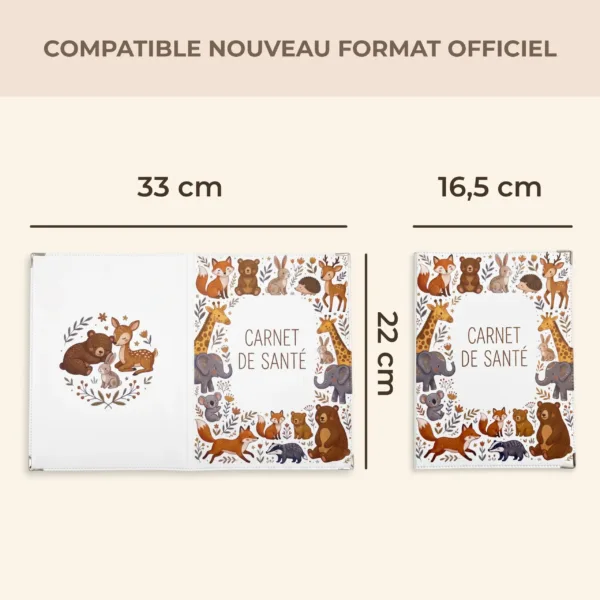 Comparatif des dimensions du protège carnet de santé Habeygard, format compatible nouveau carnet officiel : 33 cm ouvert, 16,5 x 22 cm fermé
