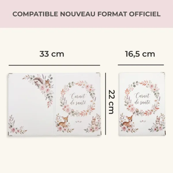 Comparatif des dimensions du protège carnet de santé Habeygard, format compatible nouveau carnet officiel : 33 cm ouvert, 16,5 x 22 cm fermé