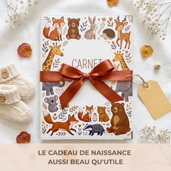Protège carnet de santé bébé Habeygard noué d'un ruban rose, présenté comme cadeau de naissance avec chaussons tricotés