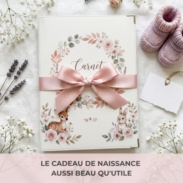 Protège carnet de santé bébé Habeygard Flowers noué d'un ruban rose, présenté comme cadeau de naissance avec chaussons tricotés