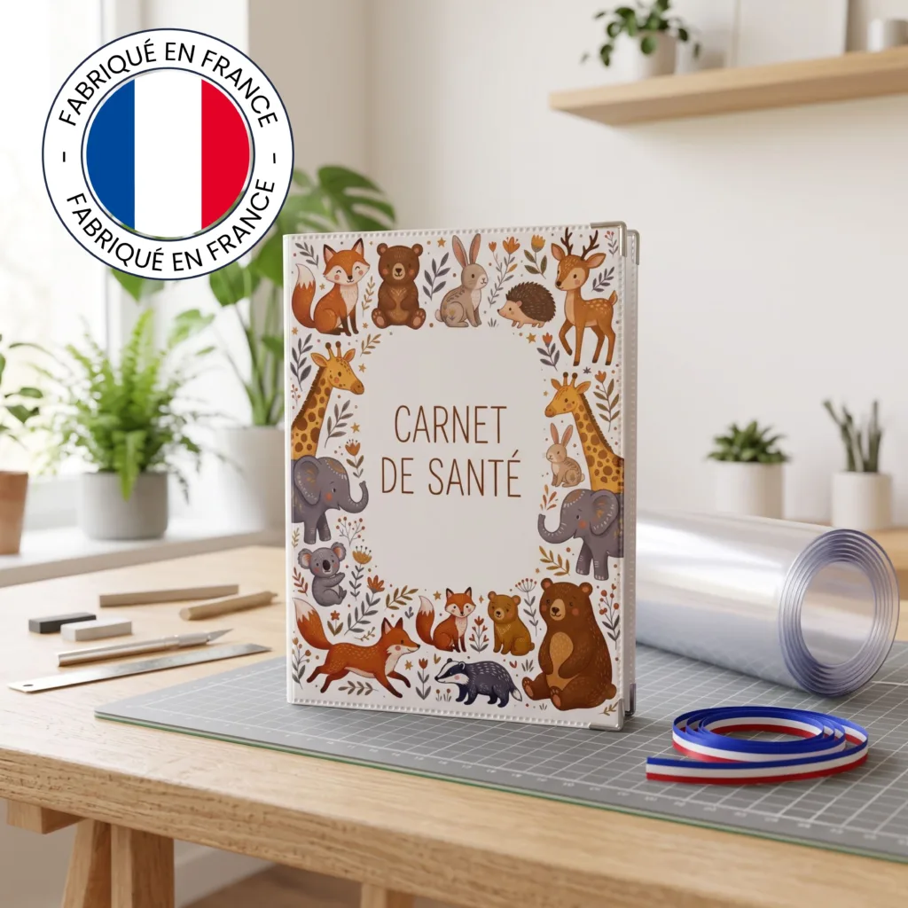 Protège carnet de santé Habeygard fabriqué en France, posé dans un atelier de maroquinerie avec ruban tricolore