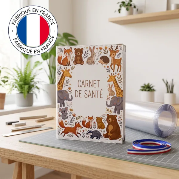 Protège carnet de santé Habeygard fabriqué en France, posé dans un atelier de maroquinerie avec ruban tricolore