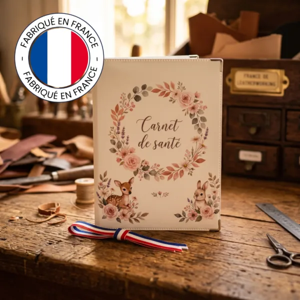 Protège carnet de santé Habeygard Flowers fabriqué en France, posé dans un atelier de maroquinerie avec ruban tricolore