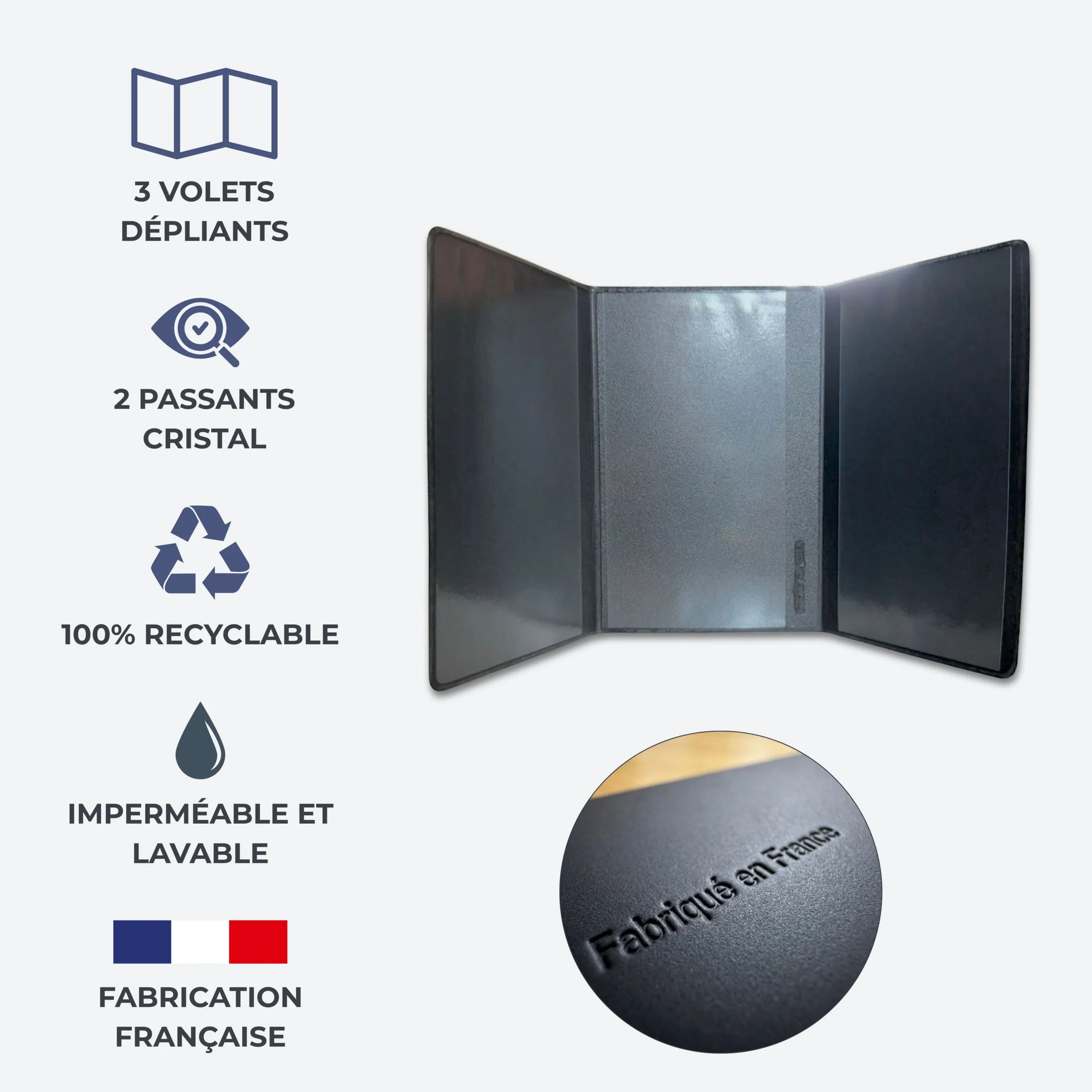 Porte carte grise ouvert Habeygard® – 3 volets, 2 passants cristal, gomme recyclable