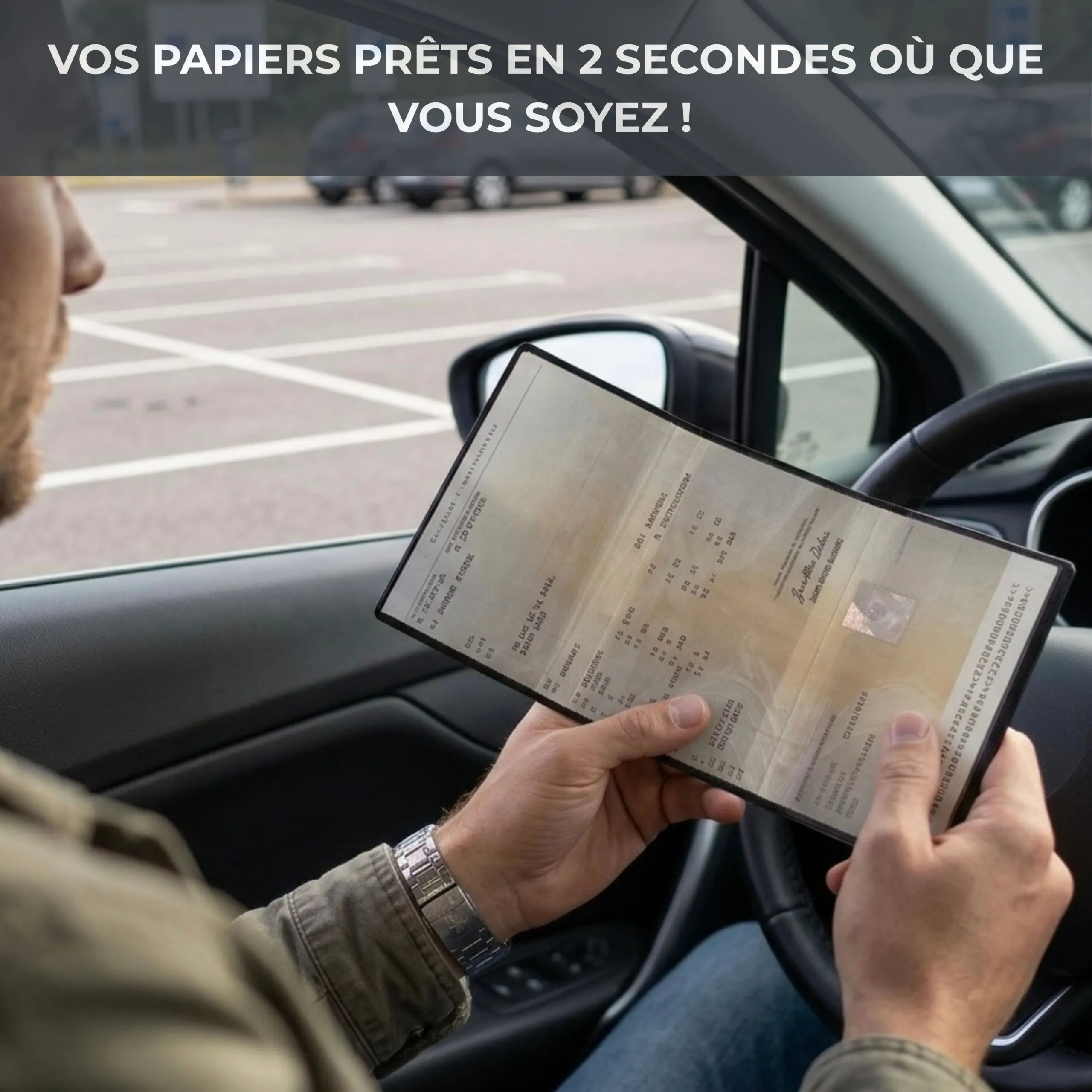 Conducteur présentant sa pochette carte grise Habeygard® au volant de sa voiture