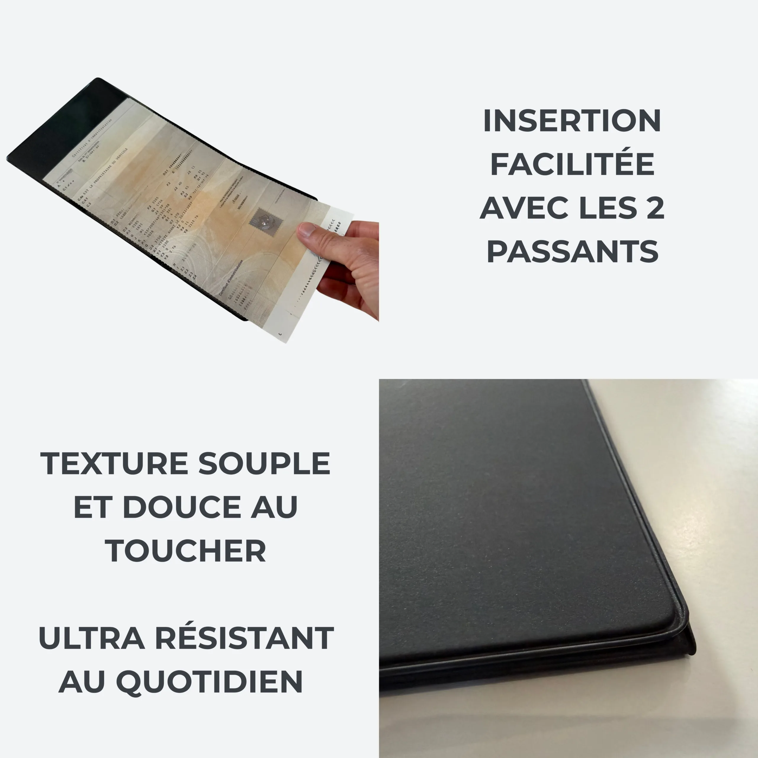 Insertion d'une carte grise dans un passant cristal du porte carte grise Habeygard®