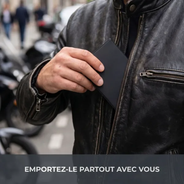 Étui carte grise Habeygard® glissé dans la poche intérieure d'un blouson de moto