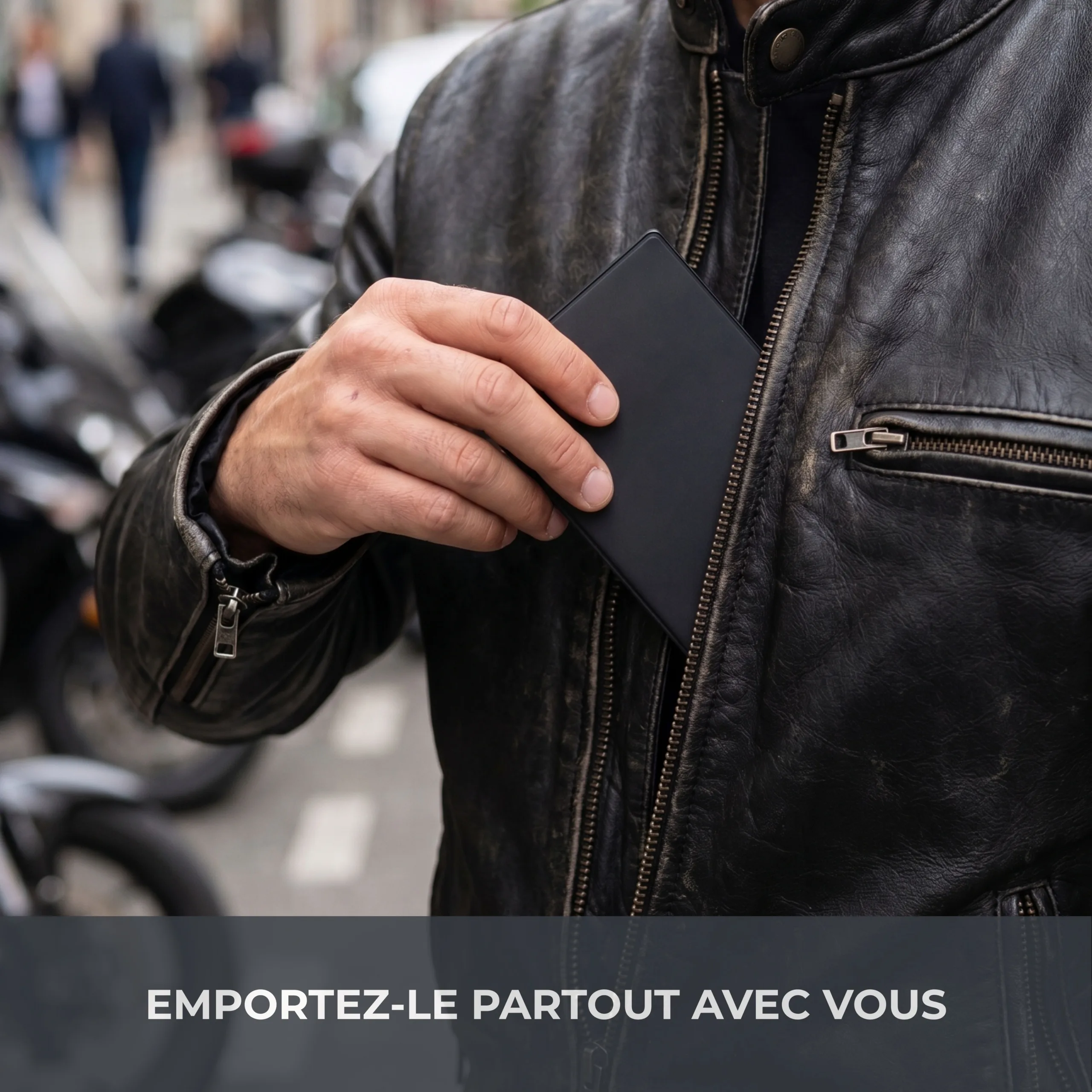 Étui carte grise Habeygard® glissé dans la poche intérieure d'un blouson de moto