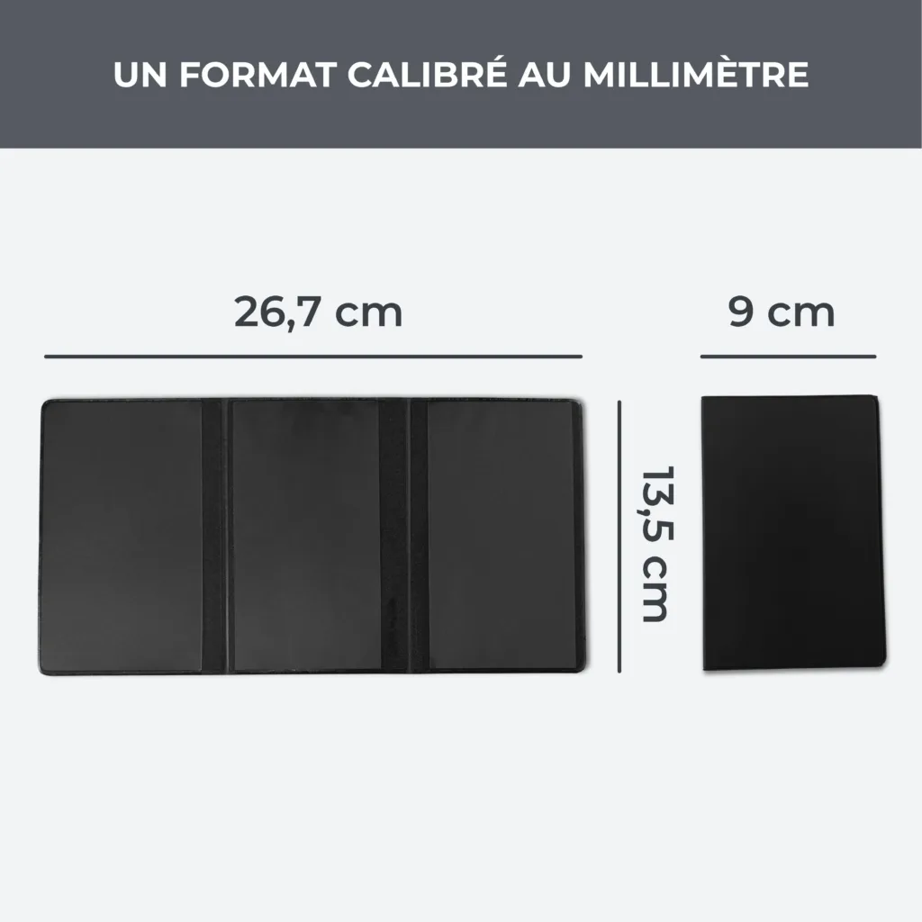 Dimensions du porte carte grise Habeygard® – 26,7 x 13,5 cm ouvert, 9 cm fermé