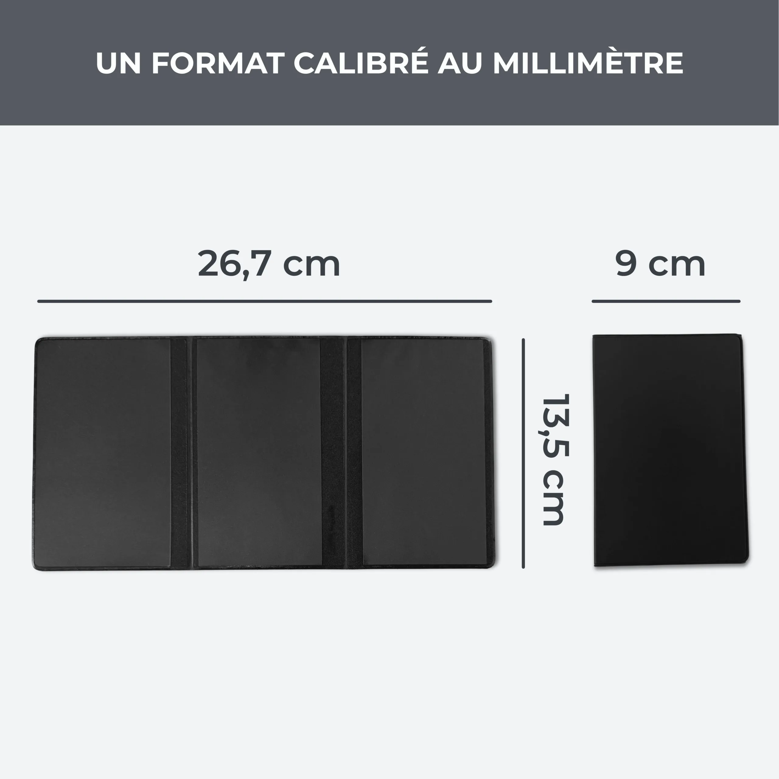 Dimensions du porte carte grise Habeygard® – 26,7 x 13,5 cm ouvert, 9 cm fermé