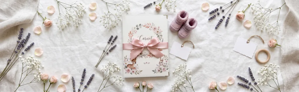 Protège carnet de santé bébé Habeygard Flowers noué d'un ruban rose, posé avec des chaussons tricotés et une étiquette cadeau vierge