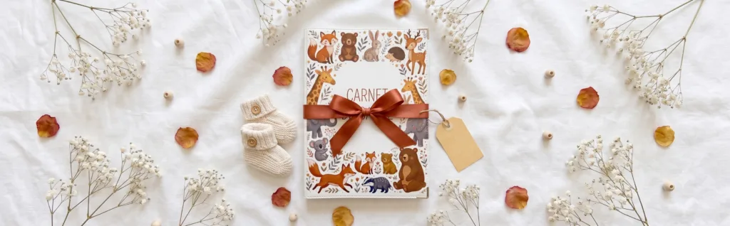 Protège carnet de santé bébé Habeygard Safari noué d'un ruban terracotta, posé à côté de chaussons tricotés beiges, cadeau de naissance