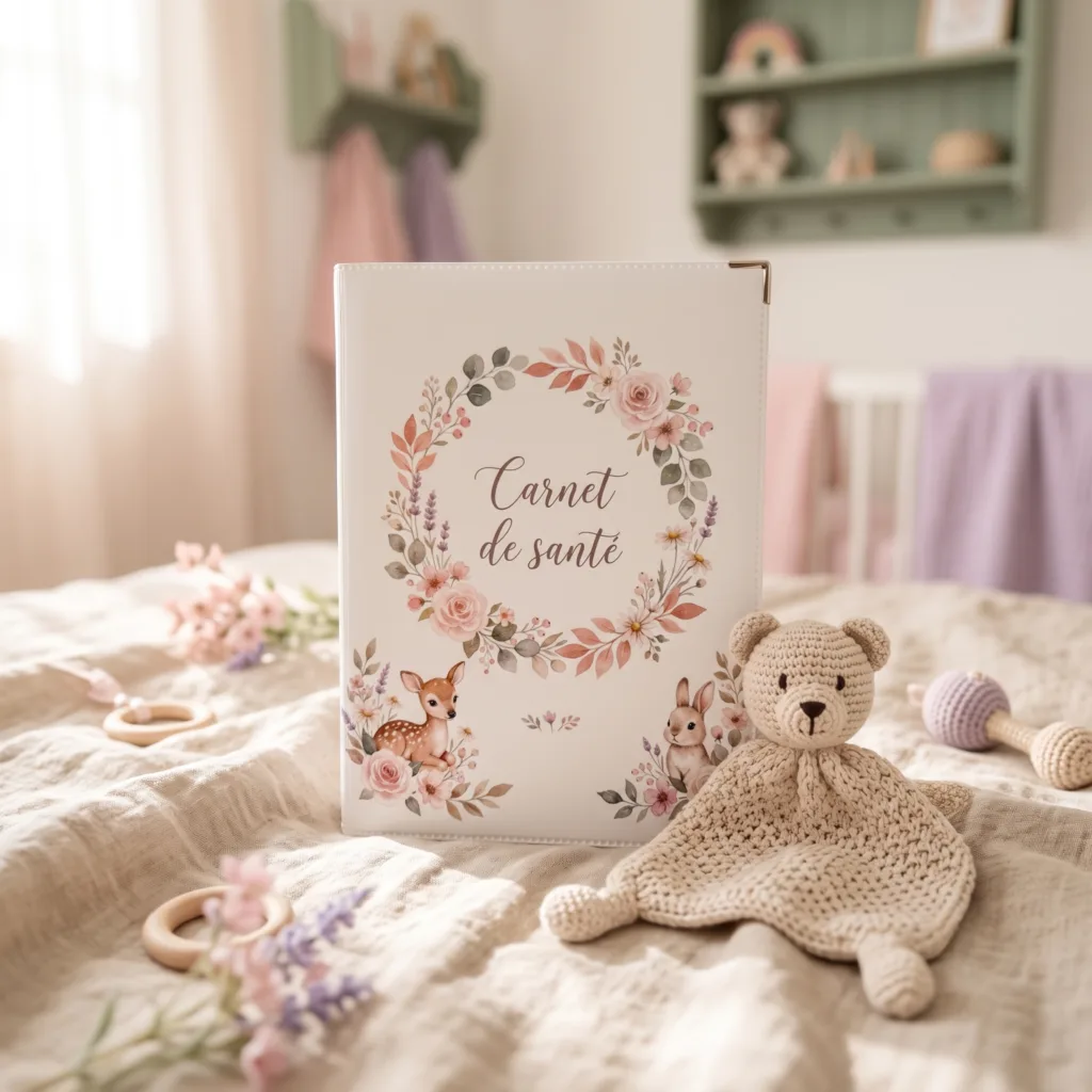 Protège carnet de santé bébé Habeygard Flowers posé contre un doudou ours tricoté dans une chambre de bébé cocooning