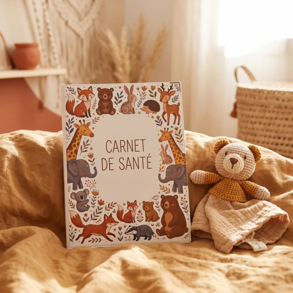 Protège carnet de santé bébé Habeygard Safari posé contre un doudou ours tricoté dans une chambre cocooning