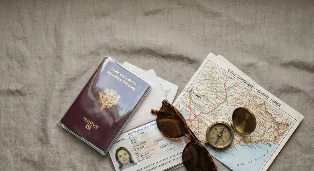 Étui passeport élégant posé sur un drap avec des billets de voyage