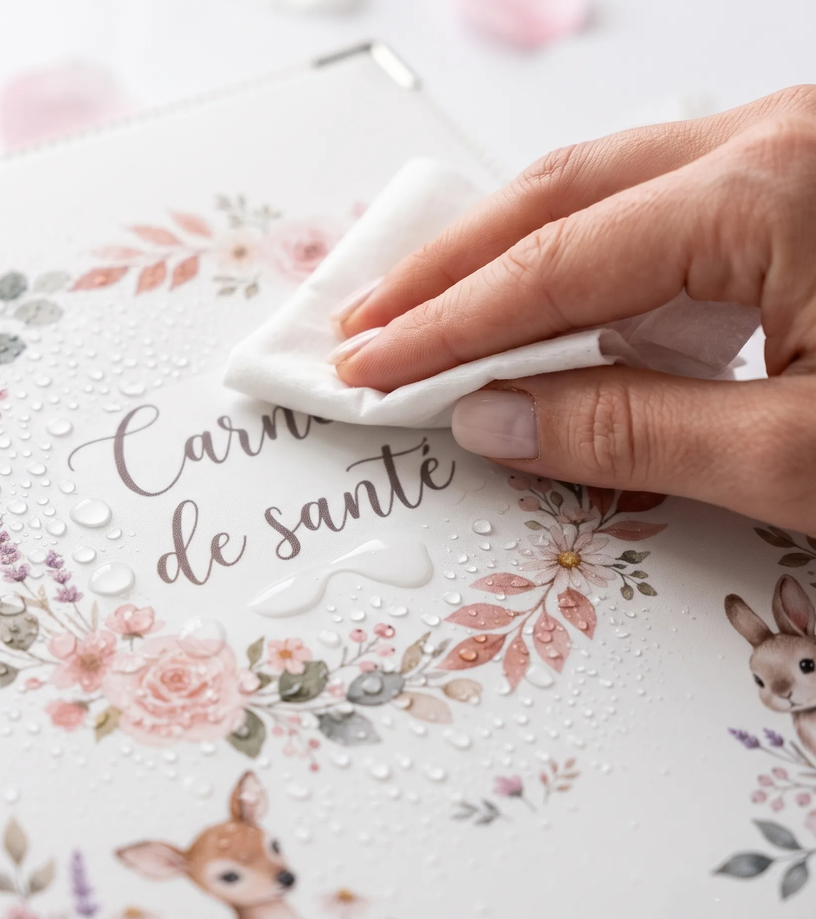 Nettoyage d'un coup de lingette humide de la couverture PVC imperméable et hygiénique du protège carnet de santé Habeygard Flowers