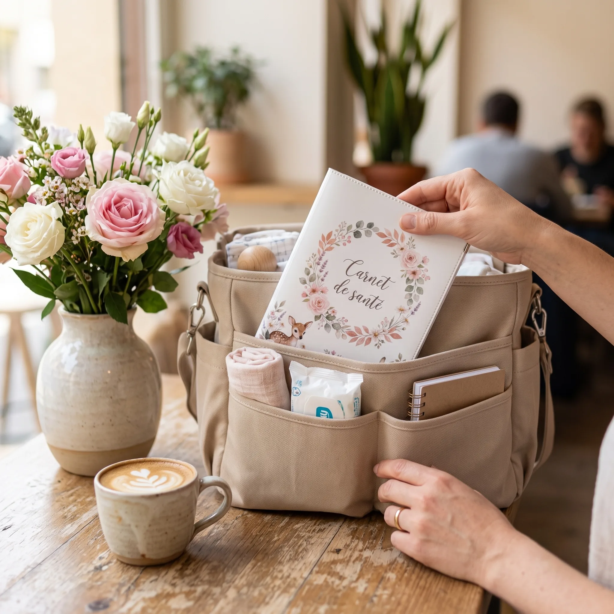 Protège carnet de santé bébé Habeygard Flowers rangé dans un sac à langer beige, scène de vie quotidienne au café