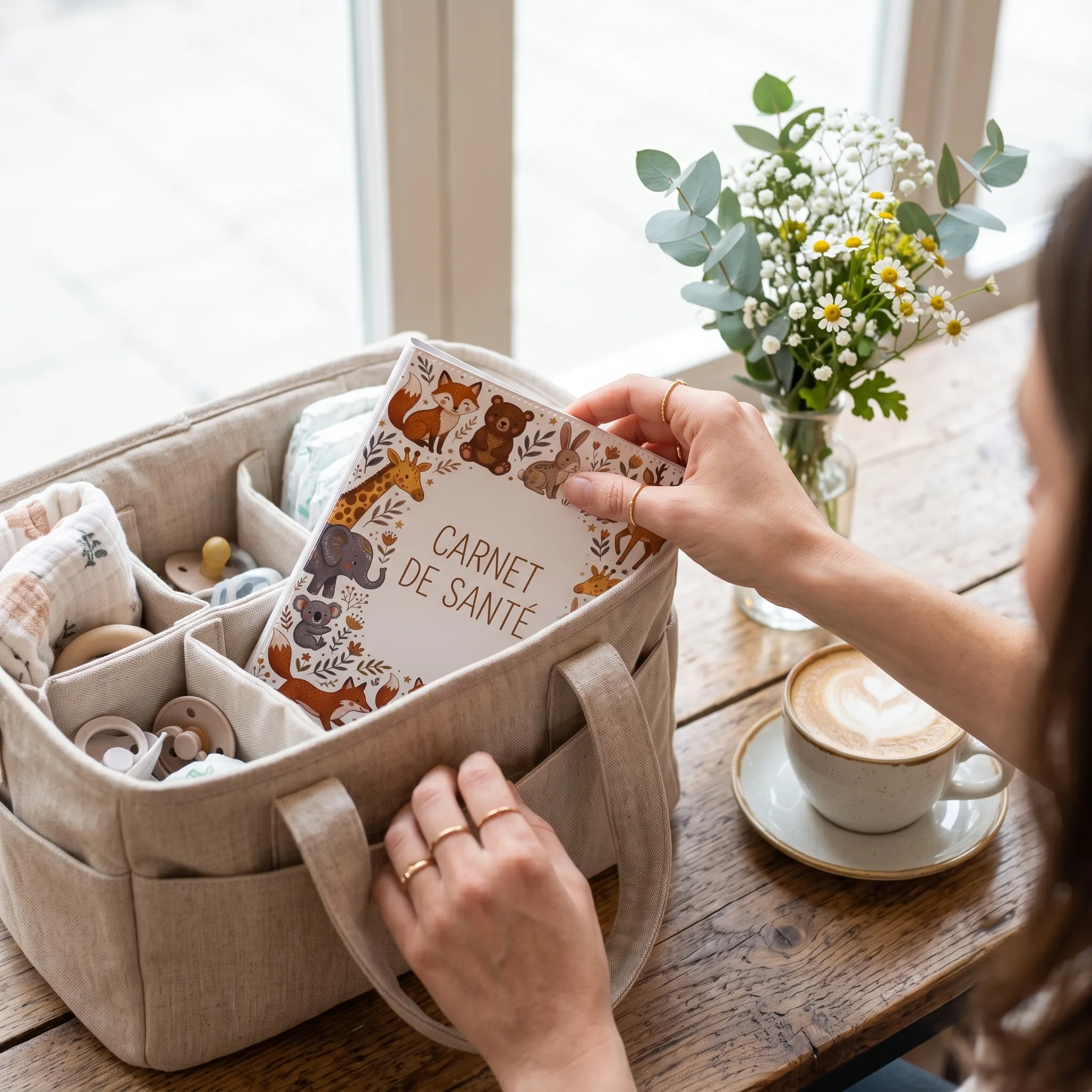 Protège carnet de santé bébé Habeygard Safari glissé dans un sac à langer beige, scène de vie quotidienne au café