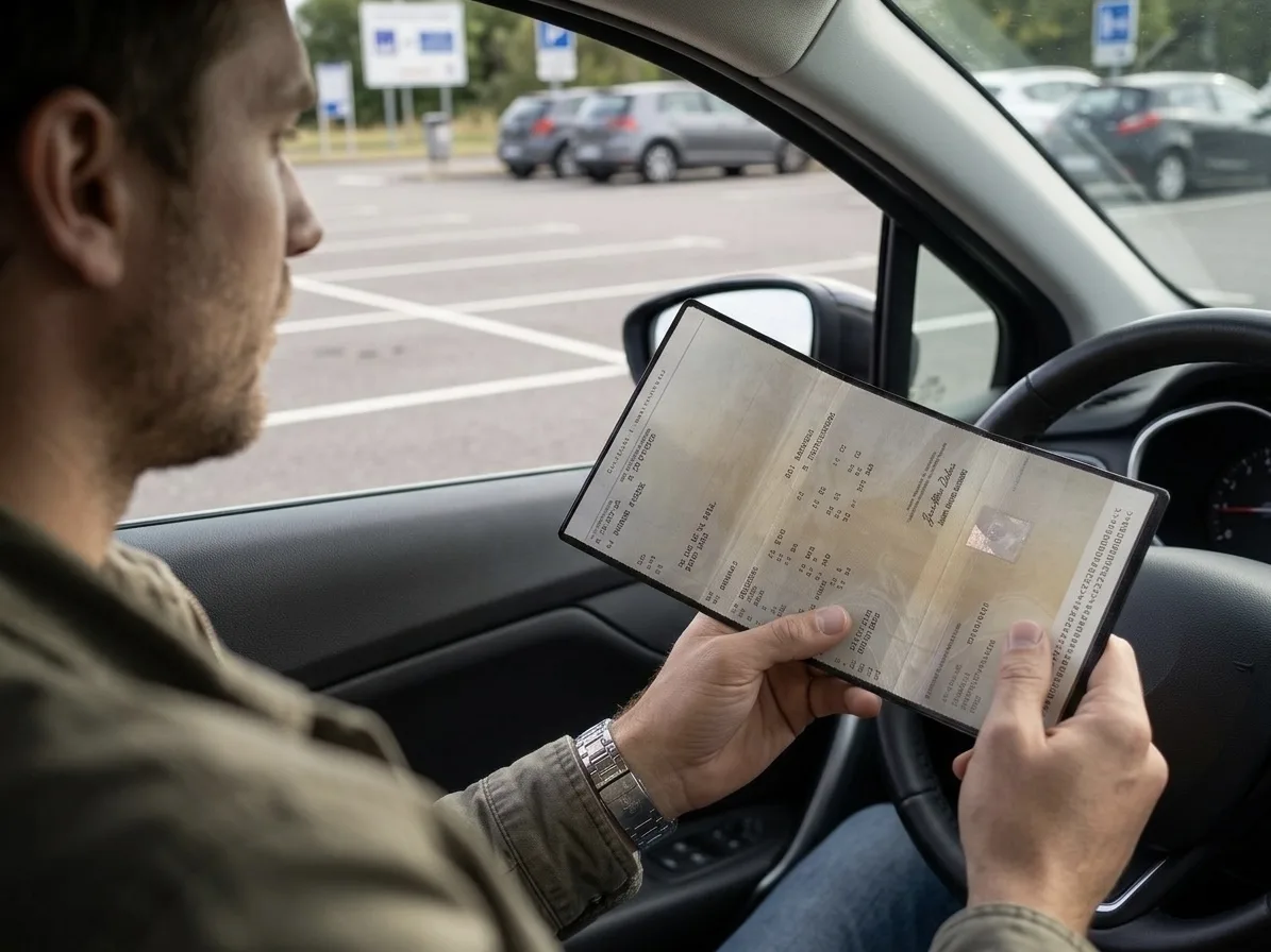 Conducteur présentant sa pochette carte grise Habeygard® au volant de sa voiture