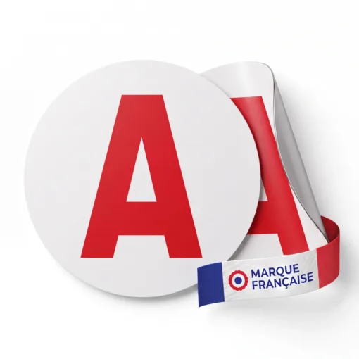 Lot de 2 disques A magnétiques Habeygard® sur fond blanc, lettre A rouge et ruban marque française