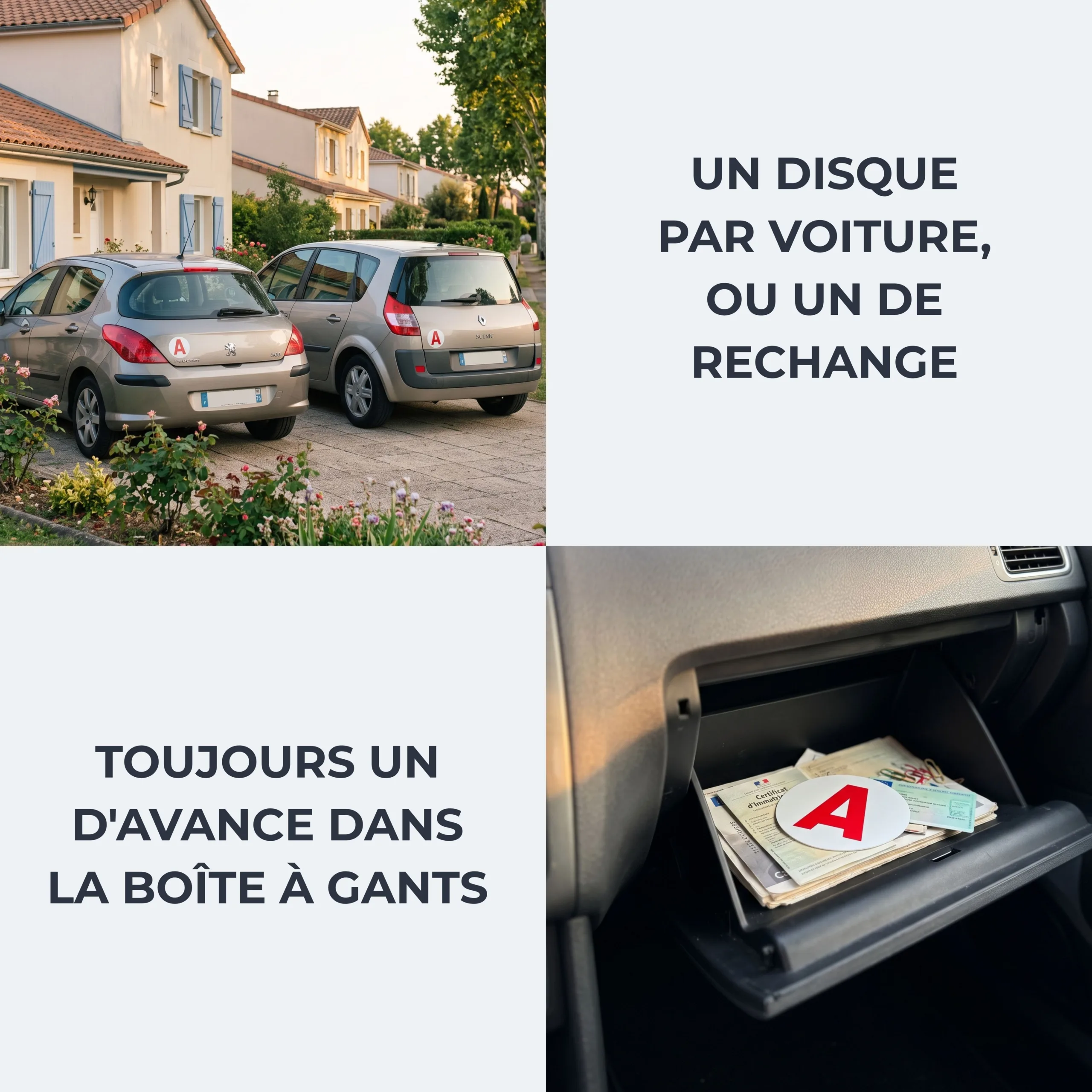Deux voitures équipées d'un disque A Habeygard® et disque de rechange dans la boîte à gants