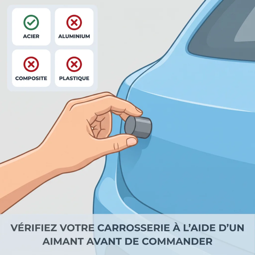 Test de l'aimant sur la carrosserie, disque A Habeygard® compatible acier uniquement