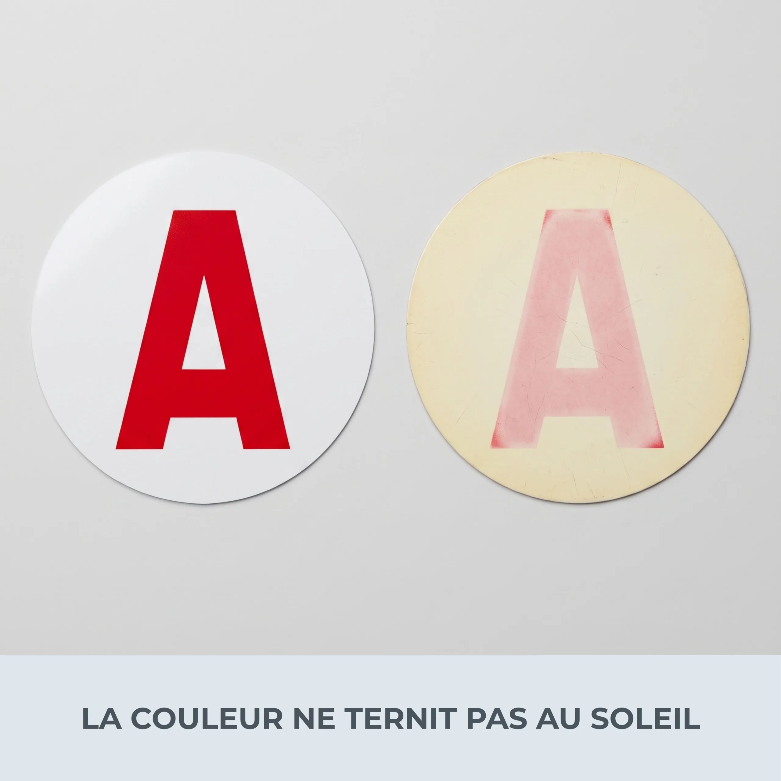 Comparaison disque A Habeygard® aux couleurs vives face à un macaron délavé par le soleil