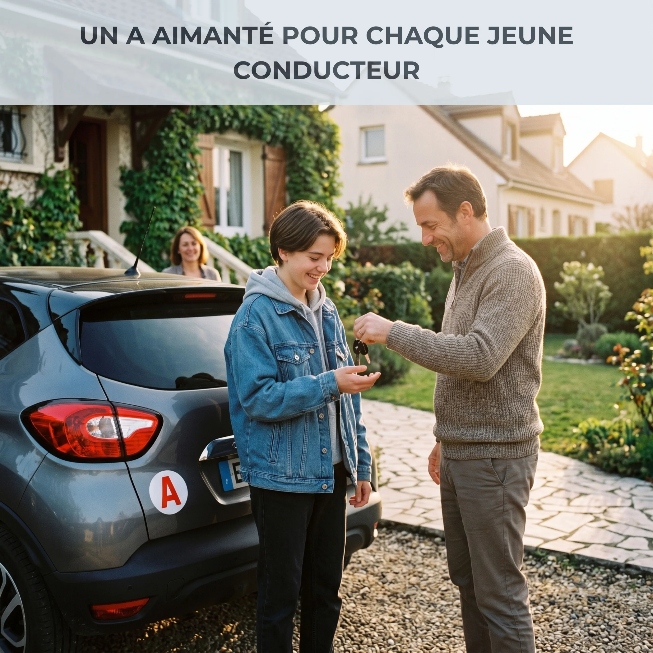 Parent remettant les clés à un jeune conducteur, disque A Habeygard® sur le hayon
