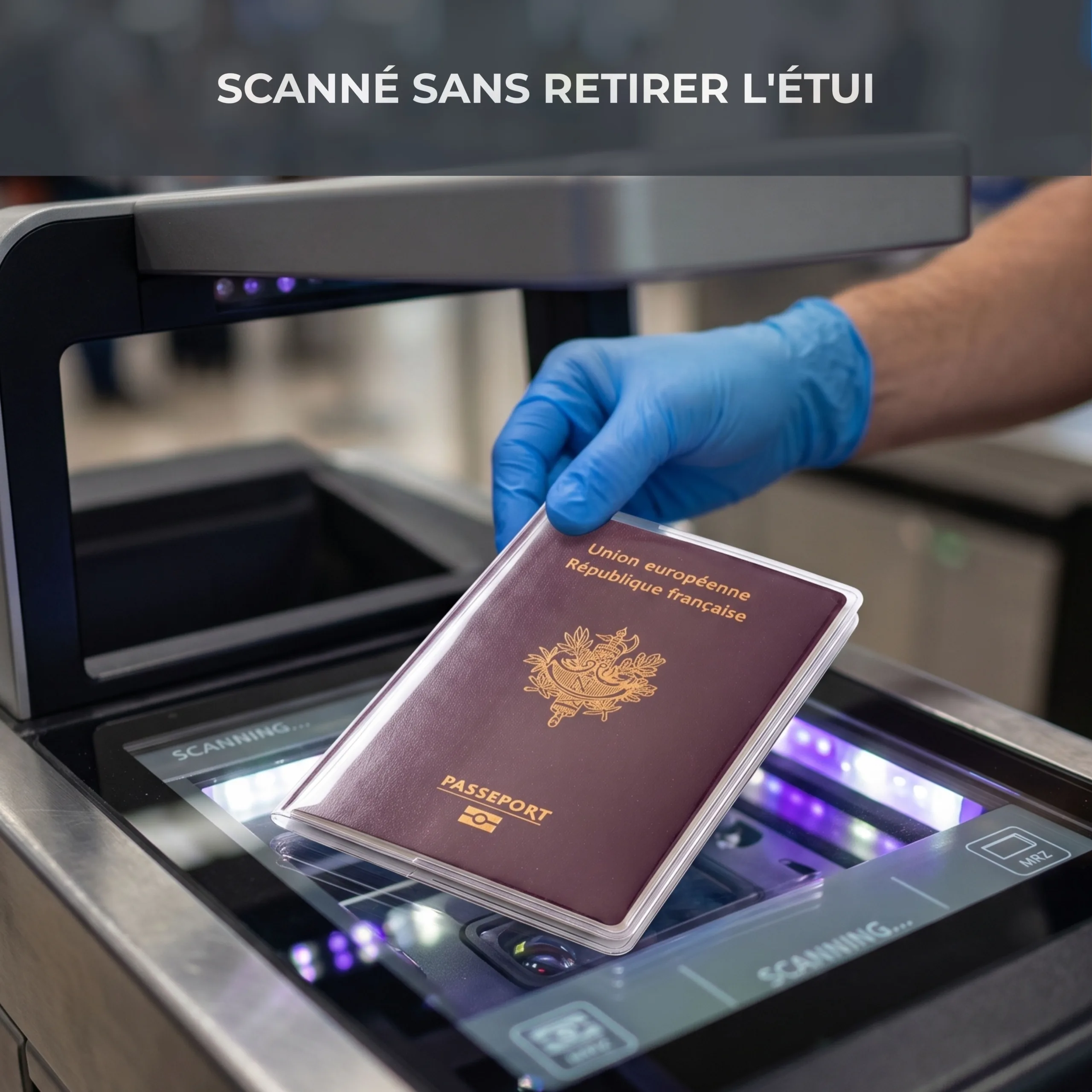 Passeport dans son étui Habeygard® scanné au lecteur automatique sans retirer la protection