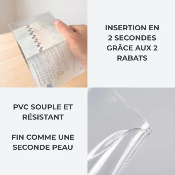 Passeport tenu dans un étui Habeygard® et détail de l'angle en PVC souple cristal