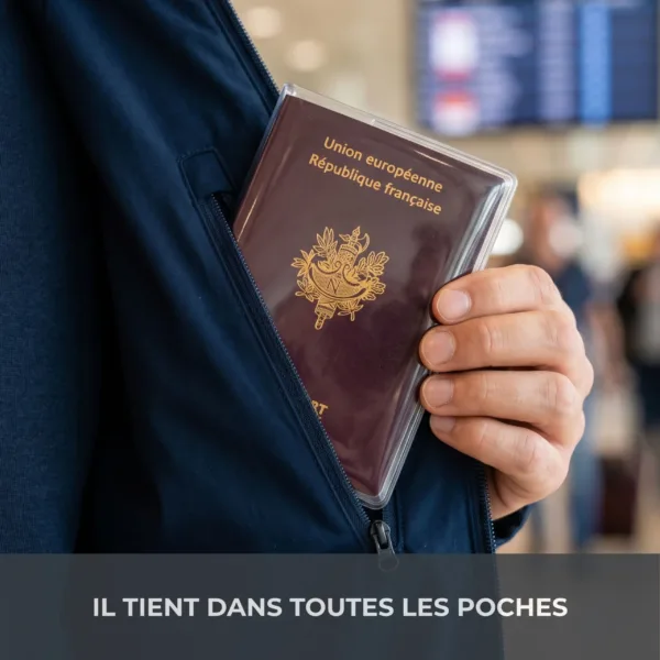 Étui passeport Habeygard® glissé dans la poche intérieure d'une veste, aéroport en arrière-plan
