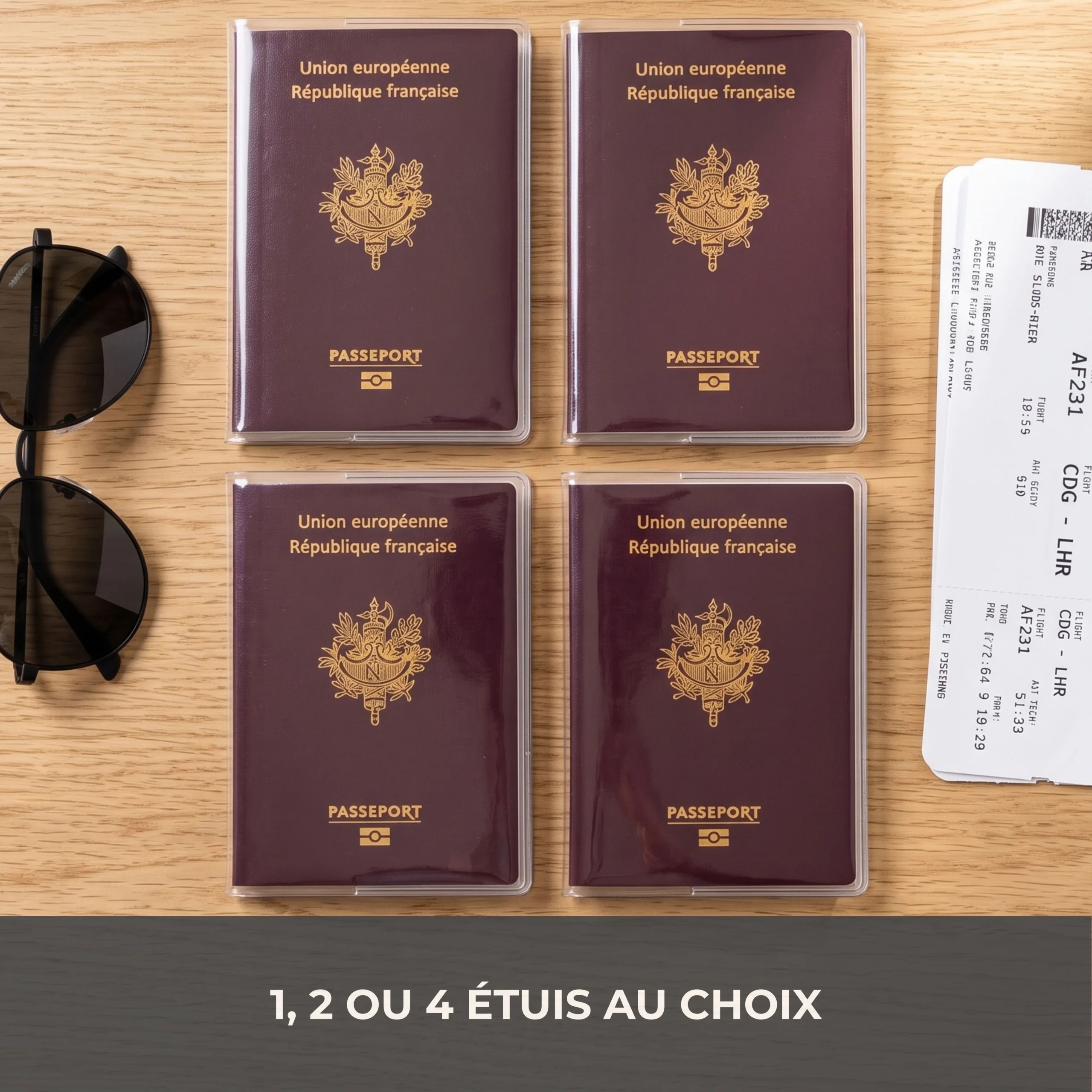 Quatre passeports en étuis Habeygard® avec lunettes de soleil et cartes d'embarquement