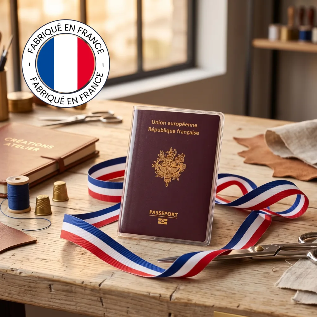Passeport en étui Habeygard® sur un établi avec ruban tricolore et badge Fabriqué en France