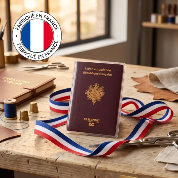 Passeport en étui Habeygard® sur un établi avec ruban tricolore et badge Fabriqué en France