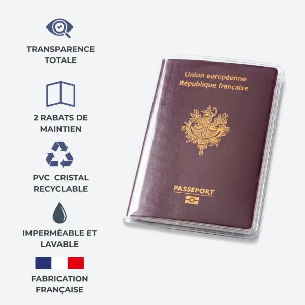 Caractéristiques du protège passeport Habeygard® – transparence, 2 rabats, imperméable, fabriqué en France