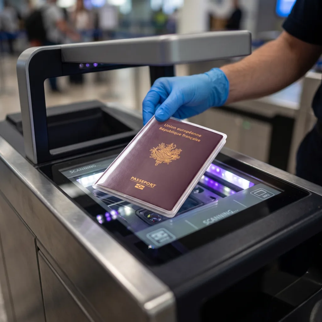 Passeport en étui transparent Habeygard® scanné à un lecteur automatique, main gantée