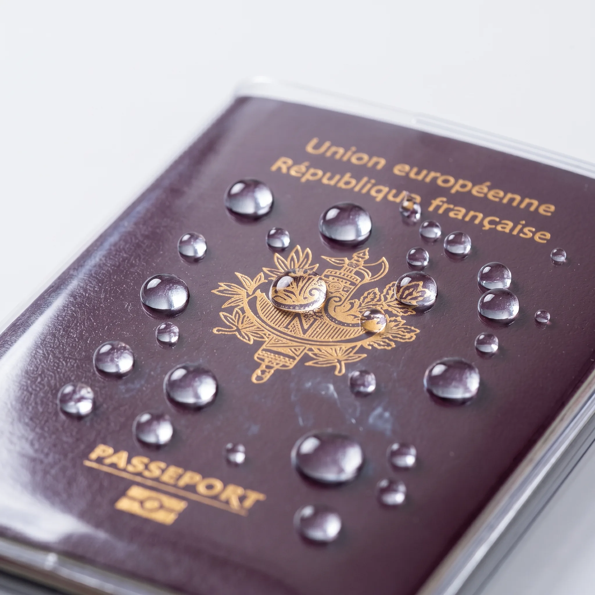 Gouttes d'eau sur l'étui transparent Habeygard® protégeant un passeport français