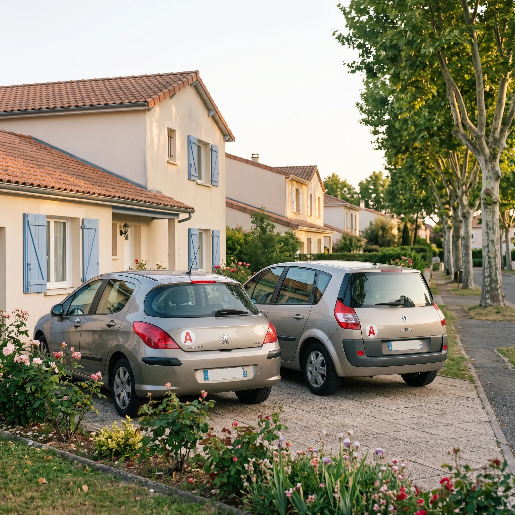 Deux voitures du foyer garées devant une maison, chacune équipée d'un disque A Habeygard®