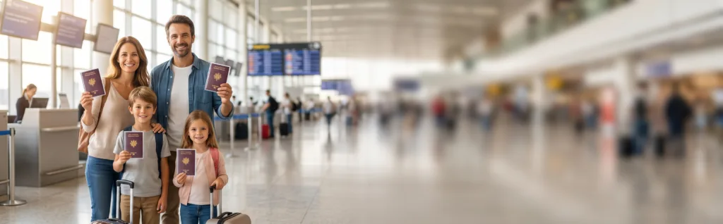 Hall de départ d'aéroport avec voyageurs et panneau d'affichage des vols en arrière-plan